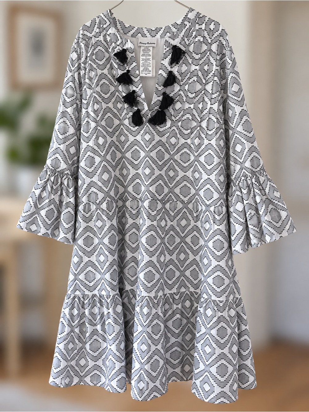 Tommy Bahama Gray & White Geometric Tassel Tunic Dress